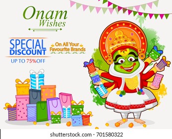 Kathakali dancer offering shopping sale for Onam festival of Kerala in vector
