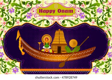Kathakali dancer and South Indian temple on boat for Happy Onam in vector