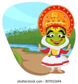 Kathakali dancer wishing Happy Onam in vector