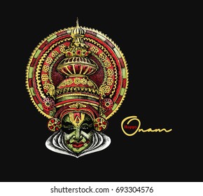 Kathakali face with heavy crown decorated, Hand Drawn Sketch Vector illustration. 