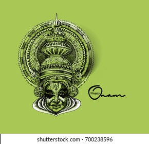 Kathakali face with heavy crown decorated, Hand Drawn Sketch Vector illustration. 