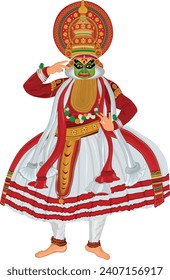 Diseño vectorial de danza popular de Katakali Kerala, concepto de turismo de Kerala Ilustración, festival tradicional de Kerala, imagen de celebración de Onam