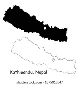 Kathmandu, Federal Democratic Republic of Nepal. Detailed Country Map with Location Pin on Capital City. Black silhouette and outline maps isolated on white background. EPS Vector
