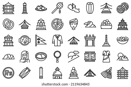 Iconos de Katmandú establecen el vector de contorno. Punto de referencia de Nepal. Esquina turística