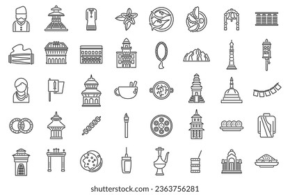 Kathmandu Icons setzen Rahmenvektor. Tourismus Skyline. Antike Architektur