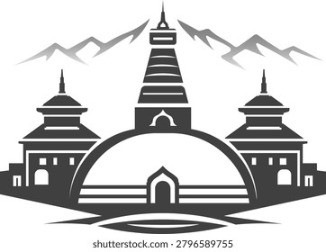 Kathmandu inspired skyline vector featuring temple architecture and mountain backdrop in a balanced monument composition. Suitable for cultural branding, tourism promotion, editorial graphics, travel materials, heritage campaigns, and scalable vector applications.