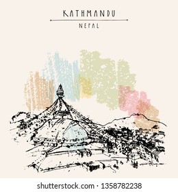 Kathmandu, Nepal, Asia. Boudhanath (Boudha temple). Hand drawn travel postcard. Travel sketch. Hand drawing of Kathmandu in vector. Vintage hand drawn postcard. Vector Nepal illustration