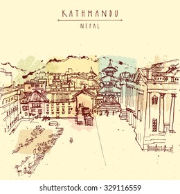 Kathmandu, Nepal, Asia. Hand drawn postcard. Basantapur Durbar square, house of Kumari, Old Royal Palace Hanuman Dhoka and a market before earthquake. Travel sketch. Vector hand drawing