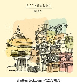 Kathmandu, Nepal, Asia. Hindu shrine and old historic wooden residential house. Travel sketch. Hand drawn vintage postcard, poster template or book illustration in vector