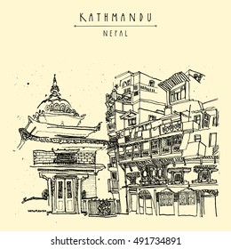 Kathmandu, Nepal, Asia. Hindu shrine and old historic wooden residential house. Travel sketch. Hand drawn vintage postcard, poster template or book illustration in vector