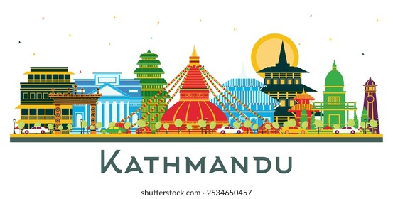 Kathmandu Nepal City Skyline with Color Buildings isolated on white. Vector Illustration. Business Travel and Tourism Concept with Historic Architecture. Kathmandu Cityscape with Landmarks.