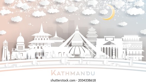 Kathmandu Nepal City Skyline in Paper Cut Style with White Buildings, Moon and Neon Garland. Vector Illustration. Travel and Tourism Concept. Kathmandu Cityscape with Landmarks.