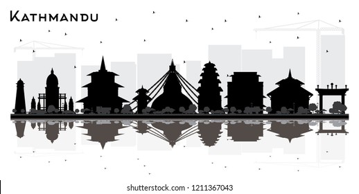 Kathmandu Nepal City Skyline Silhouette with Black Buildings and Reflections. Vector Illustration. Business Travel and Tourism Concept with Historic Architecture. Kathmandu Cityscape with Landmarks.