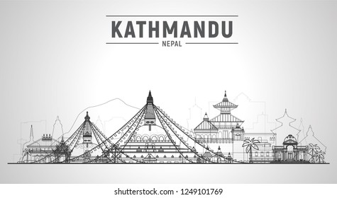 Kathmandu Nepal line skyline with panorama in sky background. Vector Illustration. Business travel and tourism concept with modern buildings. Image for banner or web site.