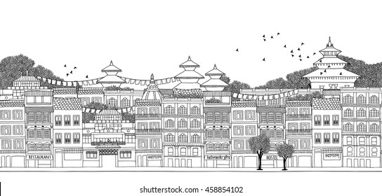 Kathmandu, Nepal - seamless banner of the city's skyline, hand drawn black and white illustration