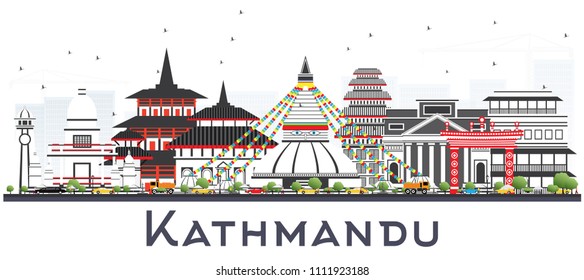 Kathmandu Nepal Skyline with Gray Buildings Isolated on White. Vector Illustration. Business Travel and Tourism Concept with Historic Architecture. Kathmandu Cityscape with Landmarks.