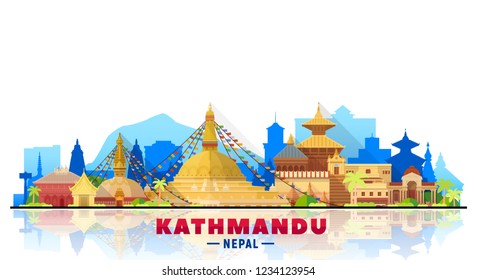 Kathmandu Nepal skyline with panorama in white background. Vector Illustration. Business travel and tourism concept with modern buildings. Image for banner or web site.