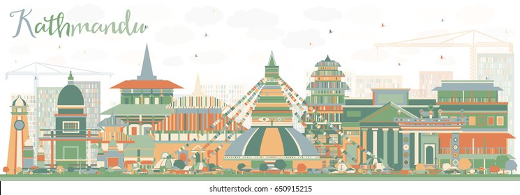 Kathmandu Skyline with Color Buildings. Vector Illustration. Business Travel and Tourism Concept with Historic Architecture. Image for Presentation Banner Placard and Web Site.