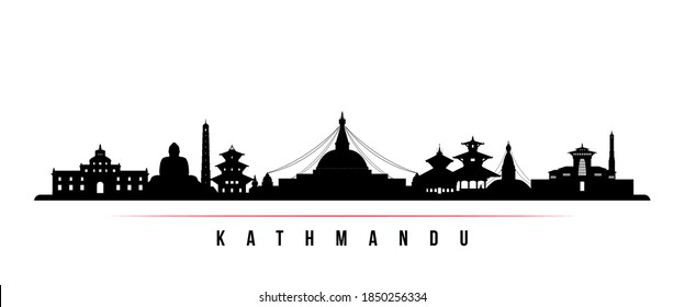 Kathmandu skyline horizontal banner. Black and white silhouette of Kathmandu City, Nepal. Vector template for your design. 