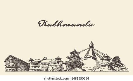 Kathmandu skyline, Nepal, hand drawn vector illustration, sketch