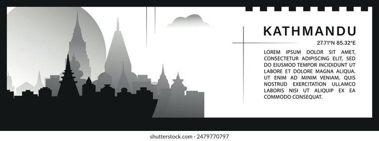 Kathmandu skyline vector banner, black and white minimalistic cityscape silhouette. Nepal capital city horizontal graphic, travel infographic, monochrome layout for website