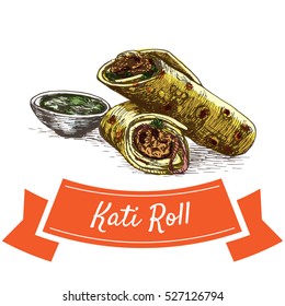 Kati Roll colorful illustration. Vector illustration of Indian cuisine.