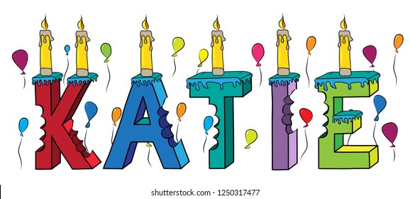 Katie female first name bitten colorful 3d lettering birthday cake with candles and balloons.
