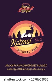 Katmai national park. Hand made badge in flat style. Hand made typeface. Serif script font. Vintage badge.