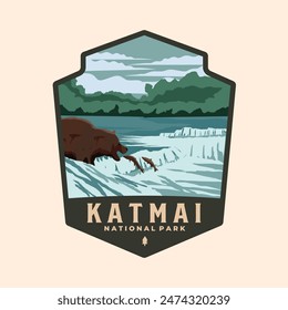 Katmai Nationalpark Logo Vektorgrafik Patch Illustration Design, Alaska Wahrzeichen Emblem Design