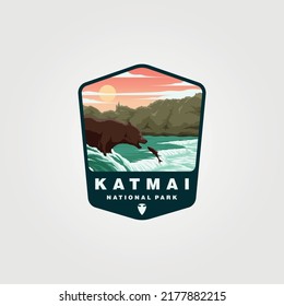 katmai national park sticker patch logo design, wild bear eat catch fish illustration design