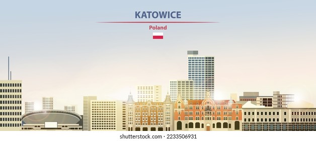 Katowice cityscape on sunrise sky background with bright sunshine. Vector illustration