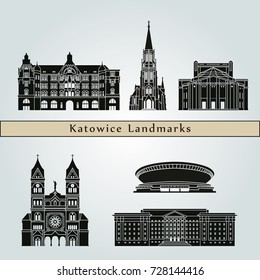 Puntos de referencia y monumentos de Katowice aislados en fondo azul en archivo vectorial editable