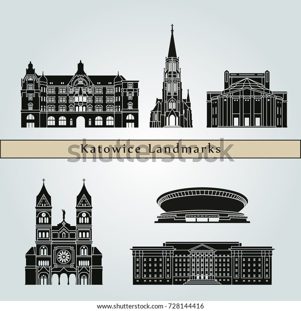 Katowice landmarks and monuments isolated on\
blue background in editable vector\
file