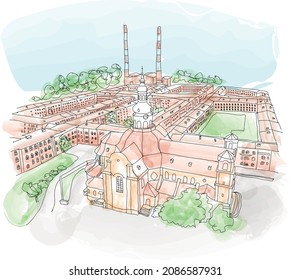 Katowice, Nikiszowiec, Polonia. Edificios tradicionales y antiguos del distrito minero de Silesia. esbozo de acuarela, ilustración vectorial