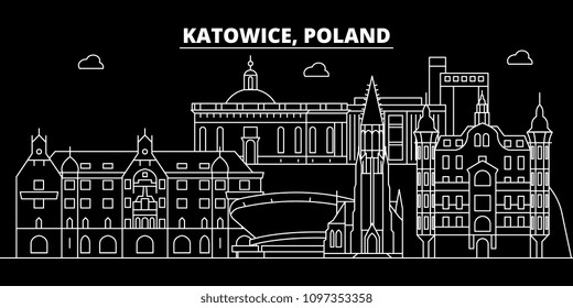 Katowice silhouette skyline. Poland - Katowice vector city, polish linear architecture, buildings. Katowice travel illustration, outline landmarks. Poland flat icon, polish line banner