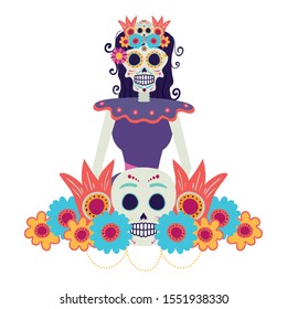 katrina skull with floral decoration comic character vector illustration design
