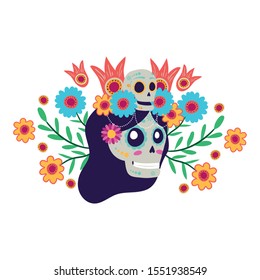 katrina skull with floral decoration comic character vector illustration design