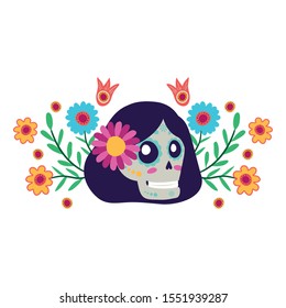 katrina skull with floral decoration comic character vector illustration design