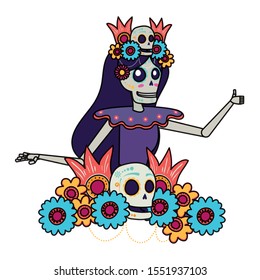 katrina skull with floral hair decoration comic character vector illustration design