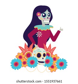 katrina skull with floral hair decoration comic character vector illustration design