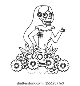 katrina skull with floral hair decoration comic character vector illustration design