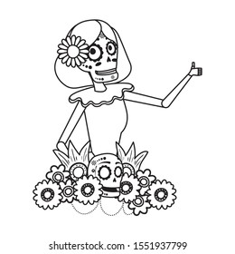 katrina skull with floral hair decoration comic character vector illustration design