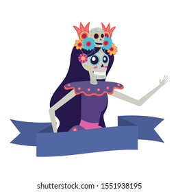 katrina skull with floral hair decoration comic character vector illustration design