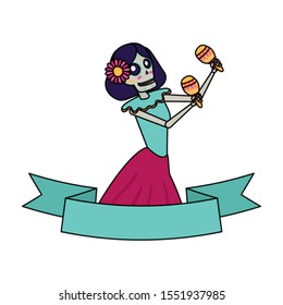 katrina skull playing maracas comic character vector illustration design
