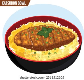 Katsudon Bowl of Rice Topped with Egg, Deep Fried Breaded Pork Cutlet and Chopped Green Onions. 