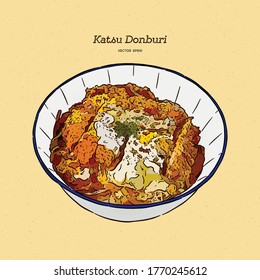 Katsudon is a popular Japanese food, a bowl of rice topped with a deep-fried pork cutlet, egg, vegetables, and condiments. Hand draw sketch vector.