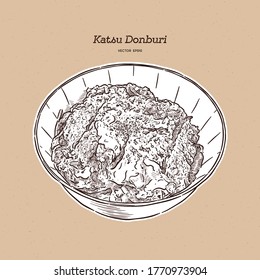 Katsudon is a popular Japanese food, a bowl of rice topped with a deep-fried pork cutlet, egg, vegetables, and condiments. Hand draw sketch vector.