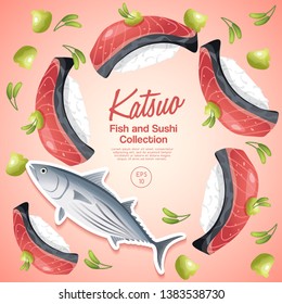 Katsuo Sushi : Fish and sushi set : Vector Illustration
