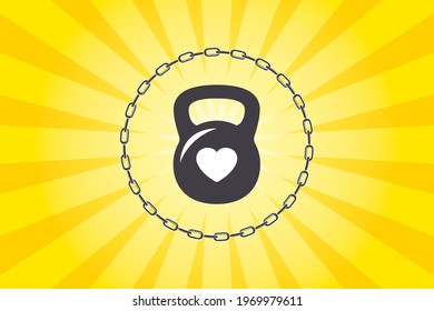 kattlebell with chain on yellow background. For gym lovers, with shape of heart