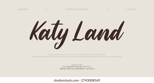 Katy Land, Script alphabet letters font logo. Typography luxury classic lettering serif italic fonts decorative wedding vintage retro logos. vector illustration

